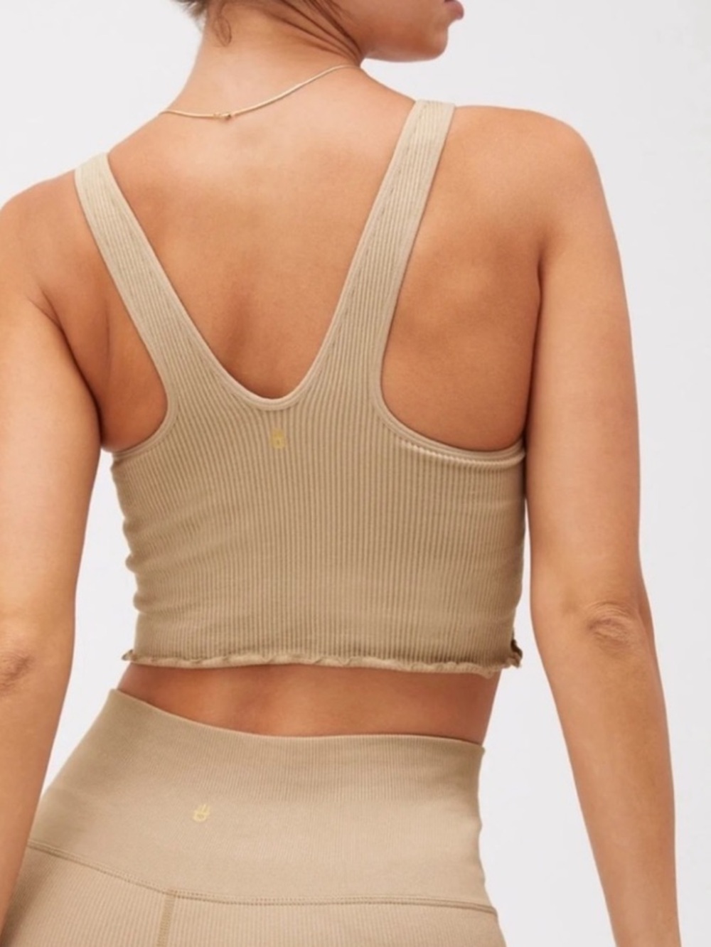 Spiritual Gangster Womens Tan Metallic Ribbed Cropped Lettuce Edge Tank. Sz M - Picture 2 of 11